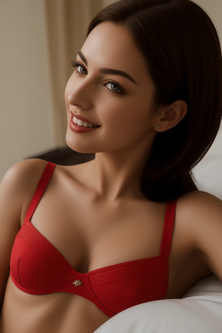 megan,1girl, solo, (realistic),(hyperrealism),(best quality),(masterpiece),(ultra high res),(photorealistic),(film grain),(red bra, big breasts , wide hips ,, looking at viewer  milf),eye makeup,detailed eyes,detailed bedroom  , smile ,