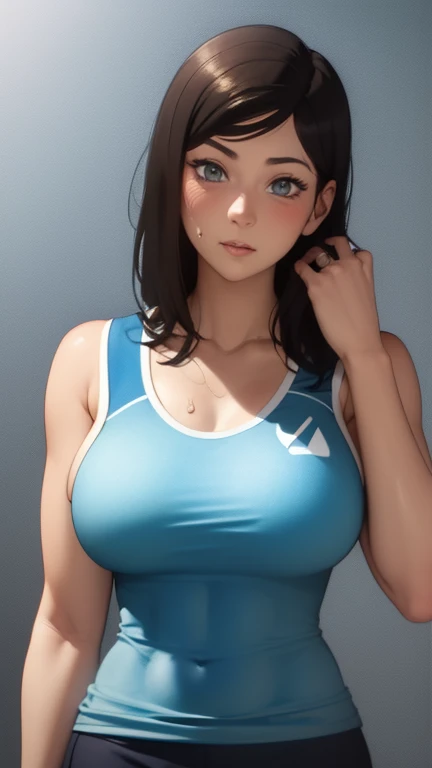 Korra has large and is wearing sport clothes and she is sweating and she has a cute face and she is 18 years old
