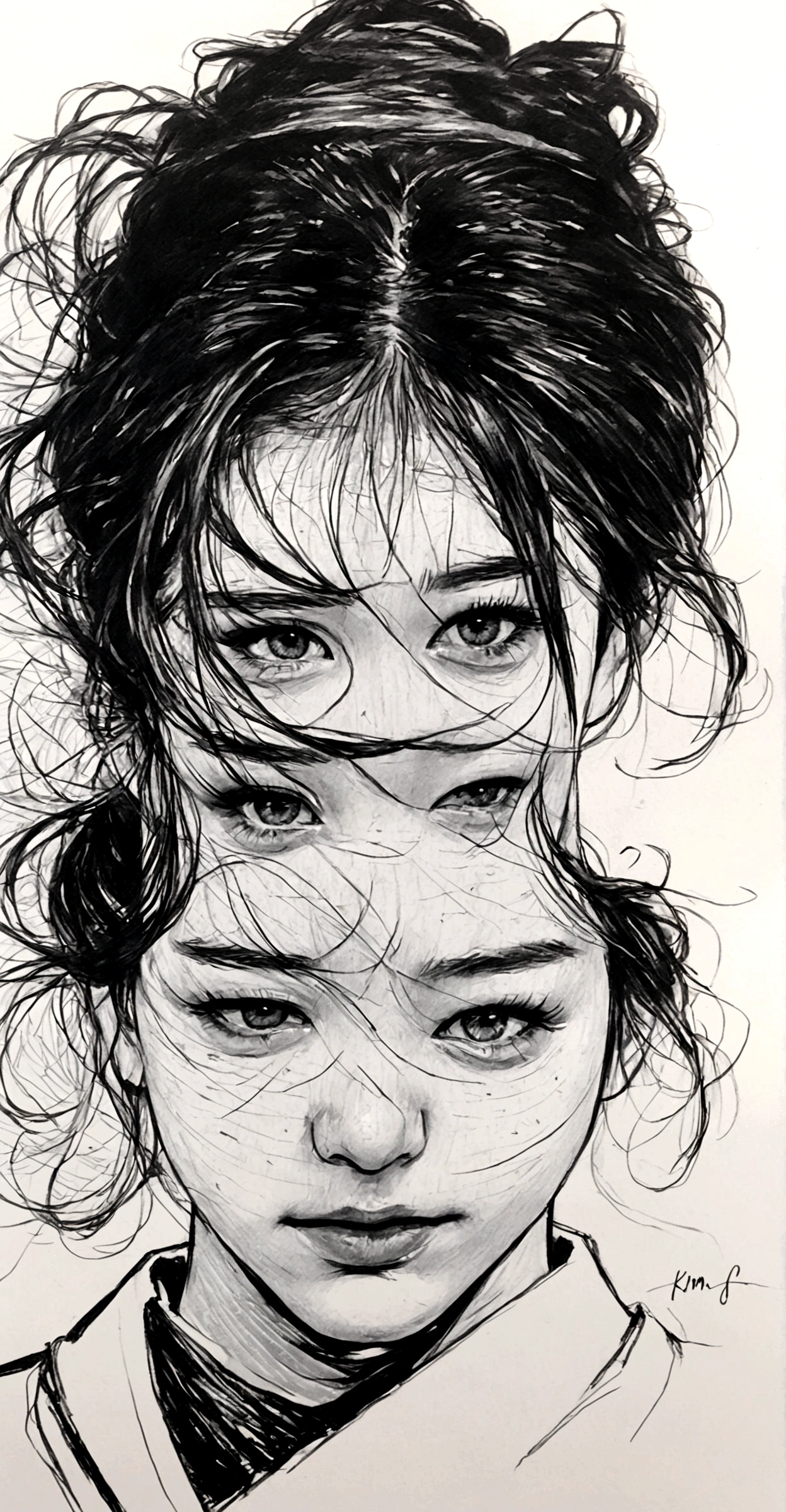 a drawing of a woman with a messy hair and a tie, a detailed drawing by Kim Hwan-gi, tumblr, hyperrealism, extremely detailed portrait, highly detailed portrait, detailed 4 k drawing, 4k. detailed drawing, detailed close up portrait, very detailed portrait, hyperrealistic sketch, detailed beautiful portrait, highly detailed photo portrait, detailed face portrait