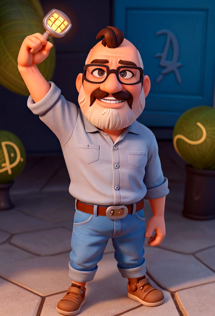 cartoon character of a 47 year old man, baldie, brown eyes with glasses, gray beard, Scrawny, builder's clothing, perfil, animation character, stylized character, animation style rendering, 3d stylized, Arnold Maya rendering, Stylized 3D rendering, toon render screenshot, 3d character, 3d character, Stylized 3D rendering, 3D character rendering, cartoon character, Personagem de close up, character posing, (Pixar-style) (master part:1.2) (bokeh) (best qualityer) (skin detailed) (detailed texture) (8K) (Argilla) (cinematic lighting) (sharp focus)