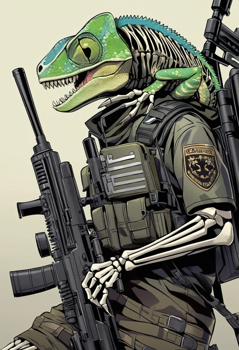 Skeleton Chameleon with a Sniper Rifle,Patches,An illustration