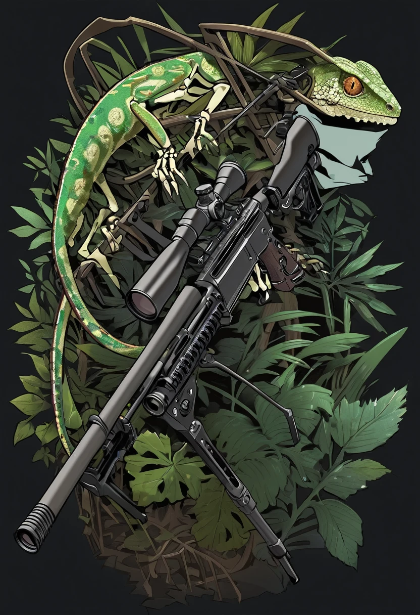 Skeleton Chameleon with a Sniper Rifle,Patches,An illustration