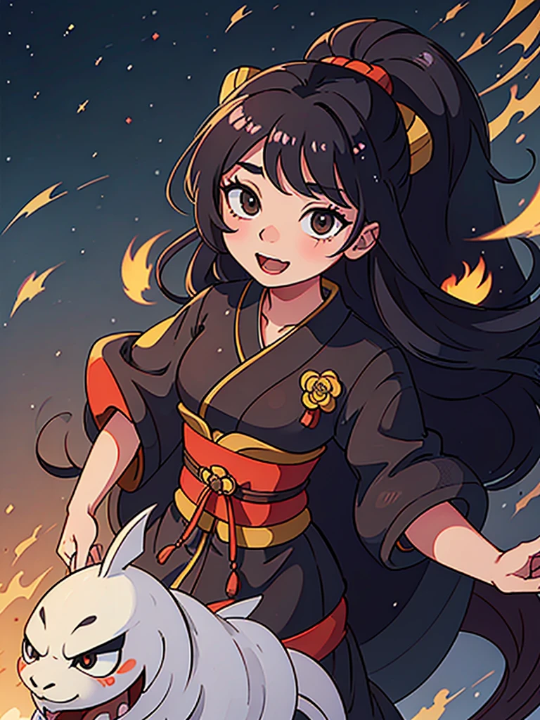A long-haired black girl in a kimono rides a Chinese dragon and flies joyfully across the sky.