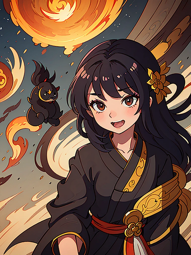 A long-haired black girl in a kimono rides a Chinese dragon and flies joyfully across the sky.