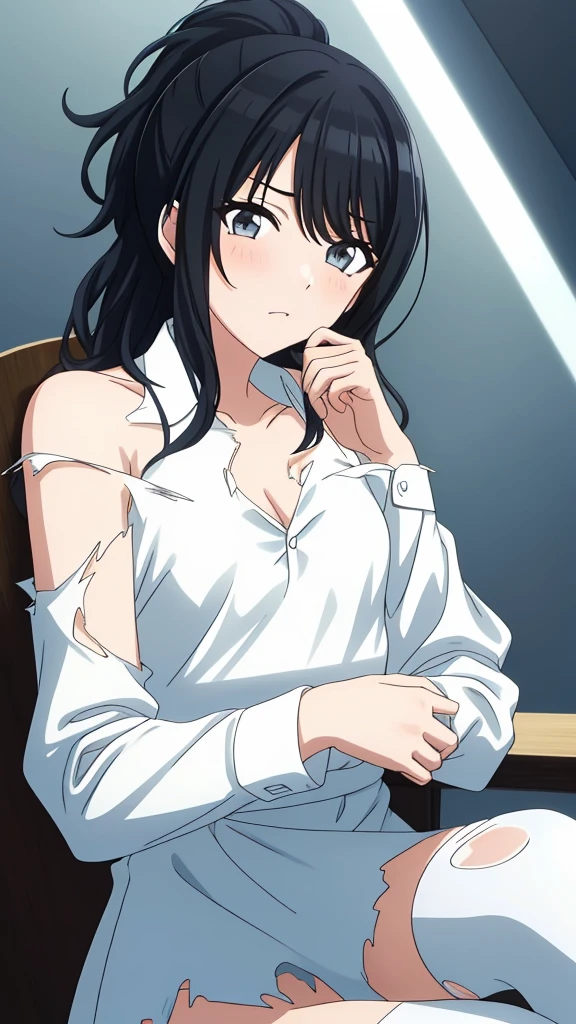 {shiny colors , Hiori Kazano :1.15},black hair, detail gray_eyes, , 1 girl,,alone, hair between eyes,(torn open white shirt:1.5),show off white lace panties, bare shoulders,, cleavage,thighhighs, ponytail hair, , beautiful light,, close up face,　　　　　　　　　　　　　　　　　　　　　　　　　　　　　　　　　　　　　　　　　　　　　　　　　　　　　　　　　　 beautiful upper body, Beautiful body, beautiful character design, perfect eyes, Perfect face, expressive eyes, looking at the viewer,(sitting on liquid),in the center of the image, official art,High Definition CG Unity, Perfect lit, bright_front_face_lit, ,(Highest_quality:1.0),4k,Super detailed, photograph, 8K, nffsw, High resolution, absurd:1.2, kodak portrait 400, film grain, Lens flare, (lively_color:1.2) (beautiful,small breasts:1.4), (beautiful_face:1.3),(narrow_waist),blush, ((detail nipple)),,