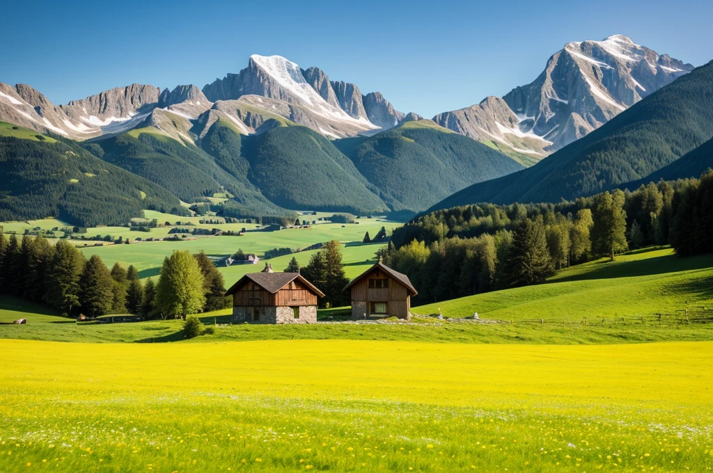 there is a green field with a house in the distance, alpine scenery, mountain behind meadow, alp, beautiful landscape, beautiful scenic landscape, summer landscape with mountain, epic beautiful landscape, alps, mountain landscape, meadow in the background, amazing landscape, beautiful summer landscape, sunny landscape, bright landscape, summer field, sunny meadow, meadow, natural landscape beauty