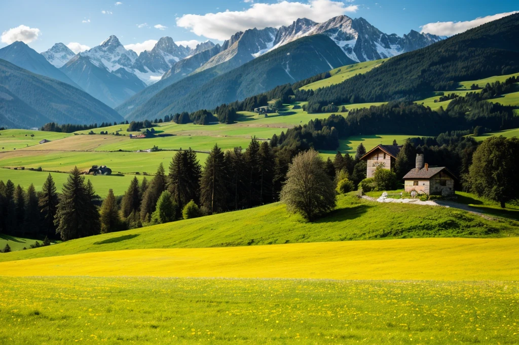 there is a green field with a house in the distance, alpine scenery, mountain behind meadow, alp, beautiful landscape, beautiful scenic landscape, summer landscape with mountain, epic beautiful landscape, alps, mountain landscape, meadow in the background, amazing landscape, beautiful summer landscape, sunny landscape, bright landscape, summer field, sunny meadow, meadow, natural landscape beauty