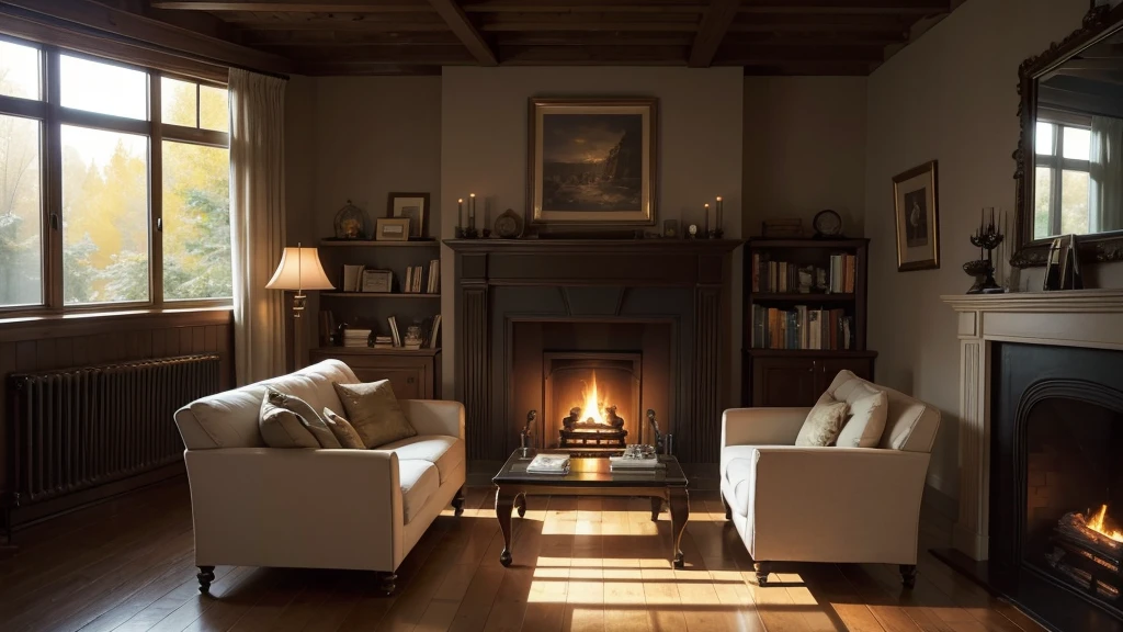 The picture portrays a cozy interior scene at night. There is a large window showing a dark, forested landscape outside with visible fireflies and reflections of indoor lights on the glass. Inside, there’s a warm, lit fireplace to the right with visible flames and embers. A white sofa is placed in the foreground to the left, accompanied by an end table with books stacked on it and a lit table lamp providing soft light. In front of the window, there’s another surface with several lit candles of varying heights creating a tranquil atmosphere. On top of the fireplace, there are more decorative items including what appears to be a vintage radio and some small framed pictures or artworks. The room exudes warmth and comfort contrasting with the dark exterior. , photo taken with a professional dslr camera and 50mm lens, cold color tone --aspect ratio 16:9 --v6.0