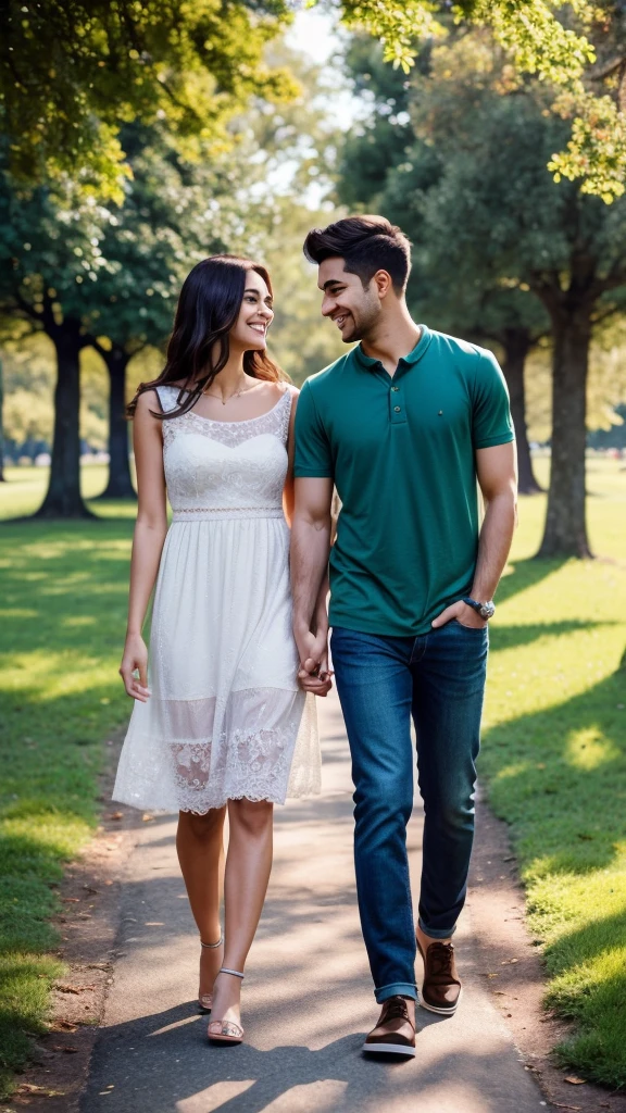 A close photo taken by a gorgeous model couple, they are walking on a pretty path in a beautiful park, they look at each other lovingly and are dressed beautifully while remaining casual