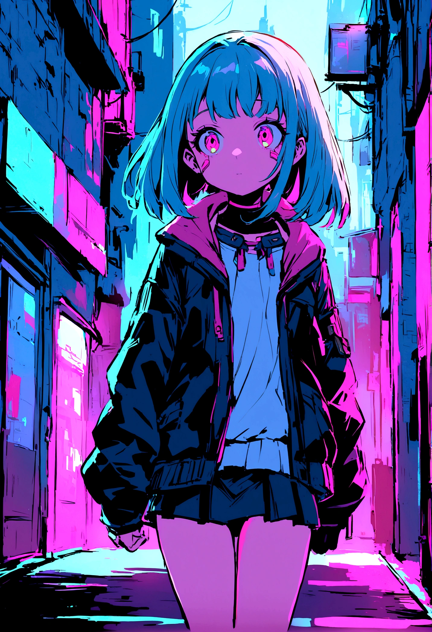 Young girl , short mini skirt, walks through the city, cyberpunk style