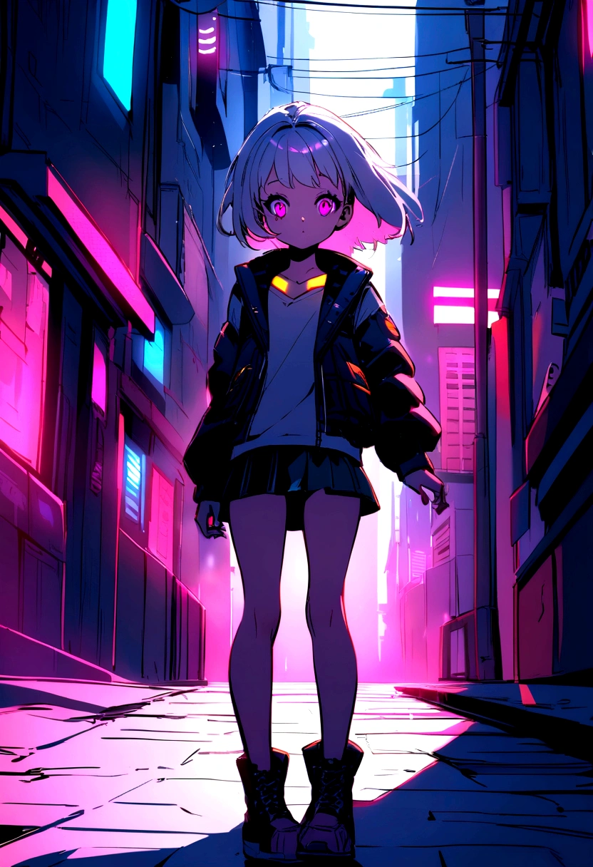 Young  girl 12 years old, short mini skirt, walks through the city, cyberpunk style