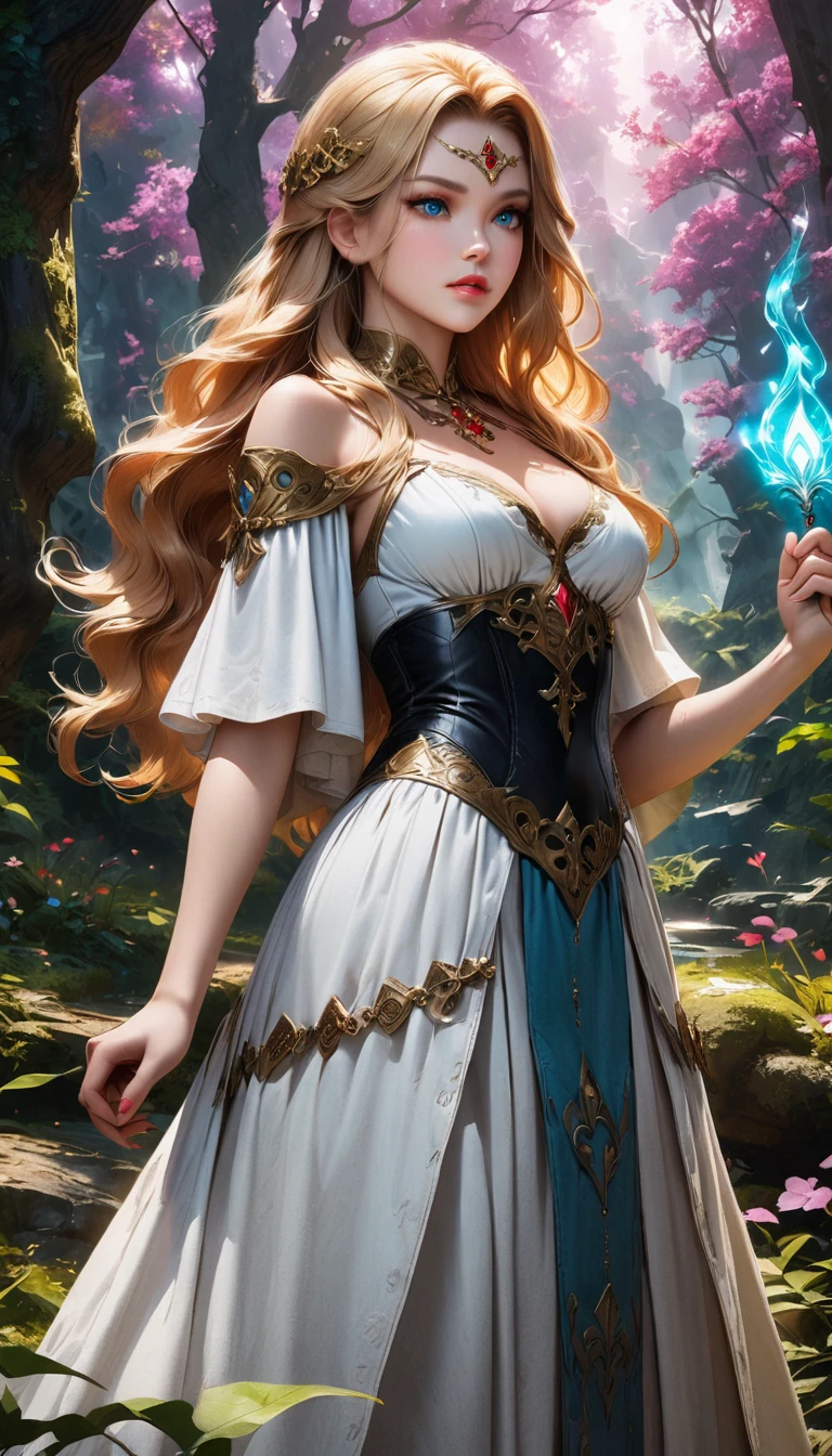 a young beautiful princess in the legend of zelda,long flowing golden hair,detailed delicate face with blue eyes,elegant fantasy medieval dress,intricate ornate jewelry,standing in a magical mystical forest,glowing magical aura,cinematic dramatic lighting,fantasy art,vivid colors,photorealistic,8k,masterpiece