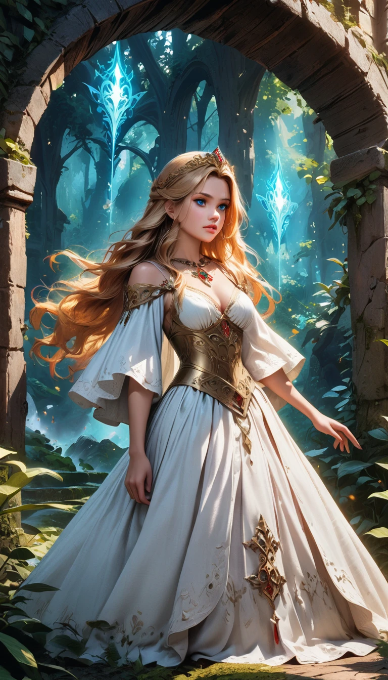 a young beautiful princess in the legend of zelda,long flowing golden hair,detailed delicate face with blue eyes,elegant fantasy medieval dress,intricate ornate jewelry,standing in a magical mystical forest,glowing magical aura,cinematic dramatic lighting,fantasy art,vivid colors,photorealistic,8k,masterpiece