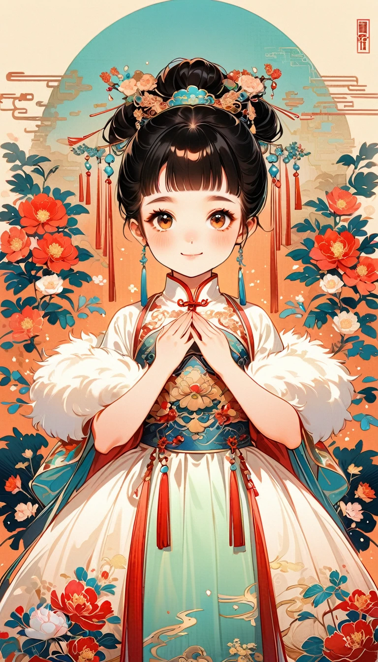A beautiful young 5 years old little girl in traditional Chinese attire, sweet smile, from front, lively and kawaii pose, waving hands, charming and attractive sexy pose, surrounded by a lush garden. gazing at it with gentle eyes. The woman's hair is styled in an elaborate updo adorned with flowers and traditional ornaments. Her dress is elegant, pink and white color tone, featuring fine silk with floral embroidery. The garden is in full bloom, with peonies and other flowers providing a backdrop. The scene captures the serenity and beauty of classical Chinese art, with a touch of nature harmony, (((Ultra-high saturation, high natural saturation, extremely bright colors)))