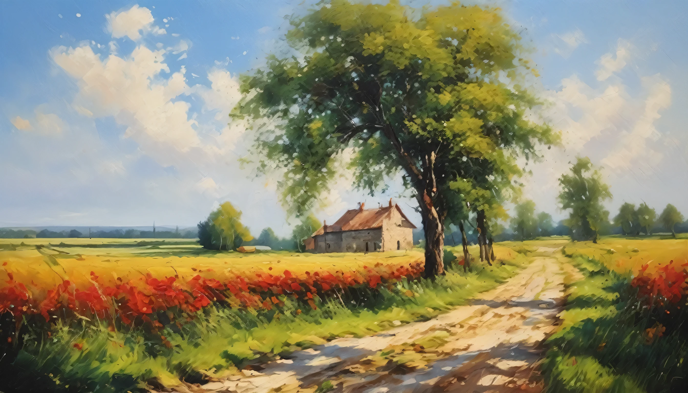 Practical, real, Beautiful and amazing landscape oil painting petals grass blue sky grassland country road,architecture,