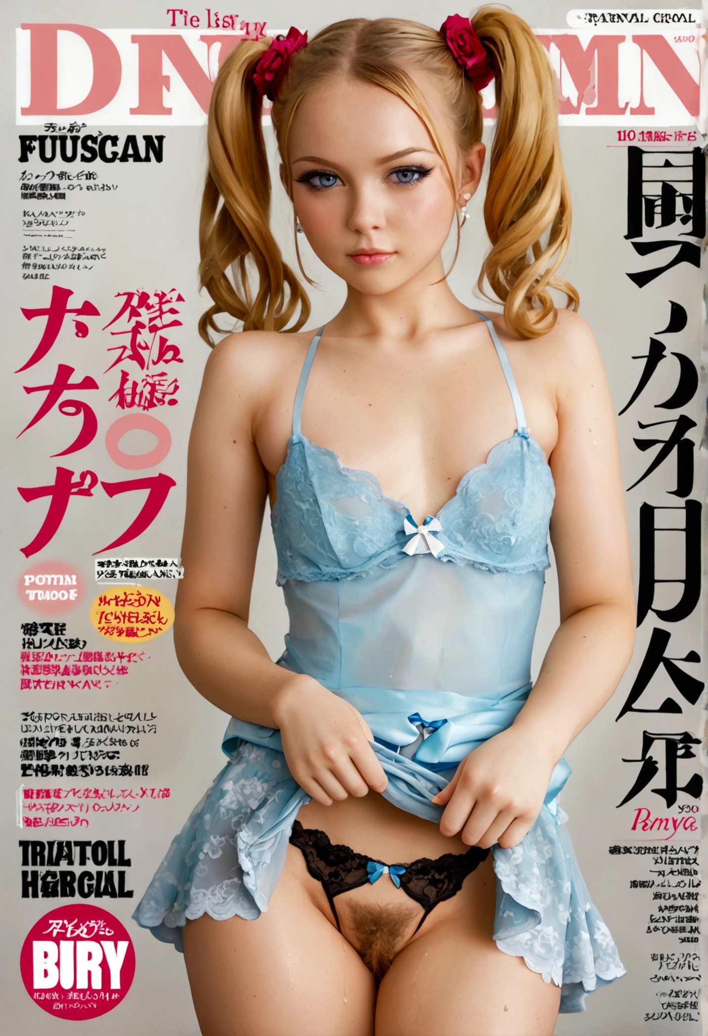 ( Magazine cover:1.2), 1 blonde twintails ****，beautiful eyes(Wearing sexy lace underwear skirt),(pouty),E7E48U，All sweaty，Small Breasts，，( pubic hair:1.2)，pubic hair