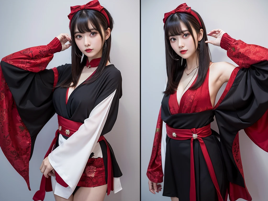 Urzan-6500-v1.1, (RAW Photos:1.2), (Photorealistic), (Genuine:1.4), (Pieces fly), Elegant woman with a perfect figure: 1.3, Jet Black Hair、((Straight bob hair with neatly trimmed ends、bangs、Red Hairband))、(She is wearing a deep purple furisode with an elegant pattern..)、Standing with the fan closed、Majestic Hall々, (A look full of murderous intent:1.2)、 Highly detailed face and skin, Beautiful Eyes, double eyelid, Full Body Shot:1.2、Wearing short boots、(1 person:1.4)、Cleavage、