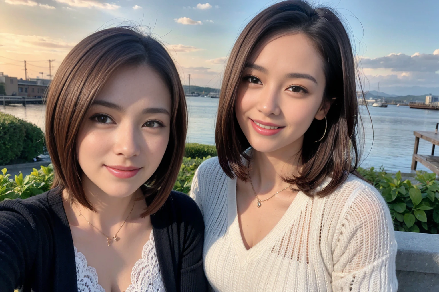 ((Highest quality、8K、masterpiece:1.3))、cute、Slim Couple、Beautiful Model、Famous beauty actress, (Brown Hair), actor、Model Couple、The best smile、Happy Smile、45 years old 42 years old、Shortcuts、breast enhancement、Upper Body、(Realistic, Intricate details:1.2), full-course dinner、Wine Party、Wine bottle、Champagne、sparkling wine、Amazing view of the sunset sky and clouds、Sweet eye angle, Ultra HD 8K, Ultra-realistic, photograph, Cinematic, Detailed Visuals, 3D Rendering, Soft texture, Realistic, (Front view), ((View your viewers)), Perfect corner angle, Thin lips, Natural Beauty, (Soft and super white skin), Perfect Skin, (masterpiece), (Beautiful attention to detail), (Makes your face smaller), Brown Hair、Shortcuts、Long sleeve shirt、dress、Draw both arms accurately