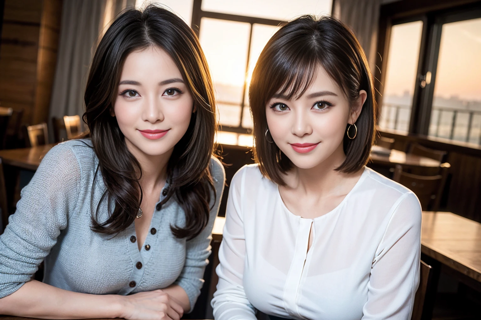 ((Highest quality、8K、masterpiece:1.3))、cute、Slim Couple、Beautiful Model、Famous beauty actress, (Brown Hair), actor、Model Couple、The best smile、Happy Smile、45 years old 42 years old、Shortcuts、breast enhancement、Upper Body、(Realistic, Intricate details:1.2), full-course dinner、Wine Party、Wine bottle、Champagne、sparkling wine、Amazing view of the sunset sky and clouds、Sweet eye angle, Ultra HD 8K, Ultra-realistic, photograph, Cinematic, Detailed Visuals, 3D Rendering, Soft texture, Realistic, (Front view), ((View your viewers)), Perfect corner angle, Thin lips, Natural Beauty, (Soft and super white skin), Perfect Skin, (masterpiece), (Beautiful attention to detail), (Makes your face smaller), Brown Hair、Shortcuts、Long sleeve shirt、dress、Draw both arms accurately