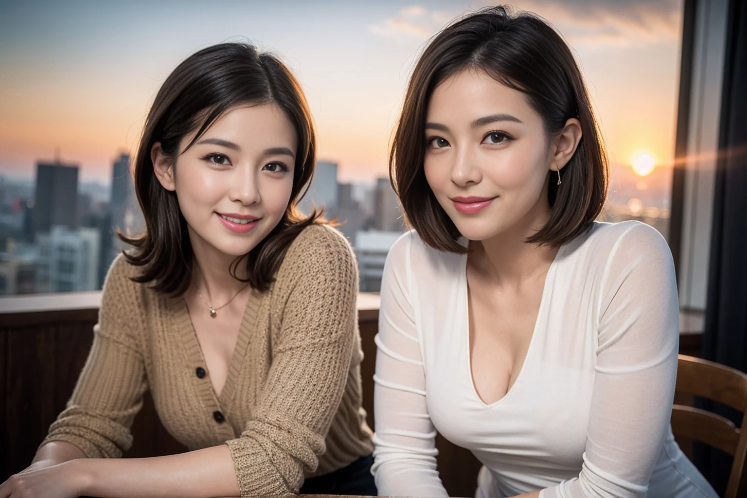 ((Highest quality、8K、masterpiece:1.3))、cute、Slim Couple、Beautiful Model、Famous beauty actress, (Brown Hair), actor、Model Couple、The best smile、Happy Smile、45 years old 42 years old、Shortcuts、breast enhancement、Upper Body、(Realistic, Intricate details:1.2), full-course dinner、Wine Party、Wine bottle、Champagne、sparkling wine、Amazing view of the sunset sky and clouds、Sweet eye angle, Ultra HD 8K, Ultra-realistic, photograph, Cinematic, Detailed Visuals, 3D Rendering, Soft texture, Realistic, (Front view), ((View your viewers)), Perfect corner angle, Thin lips, Natural Beauty, (Soft and super white skin), Perfect Skin, (masterpiece), (Beautiful attention to detail), (Makes your face smaller), Brown Hair、Shortcuts、Long sleeve shirt、dress、Draw both arms accurately