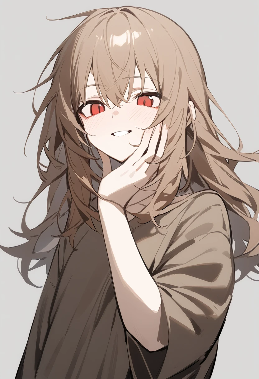 1 girl, alone, adolescent, brown fur, broad, messy hair, Red eyes, large eyes, big open smile, stoic, standing, (long shirt only), (Gray background, simple background), Upper part of the body, Masterpiece, Best Quality, dynamic angle, hand on his face, Flushed face