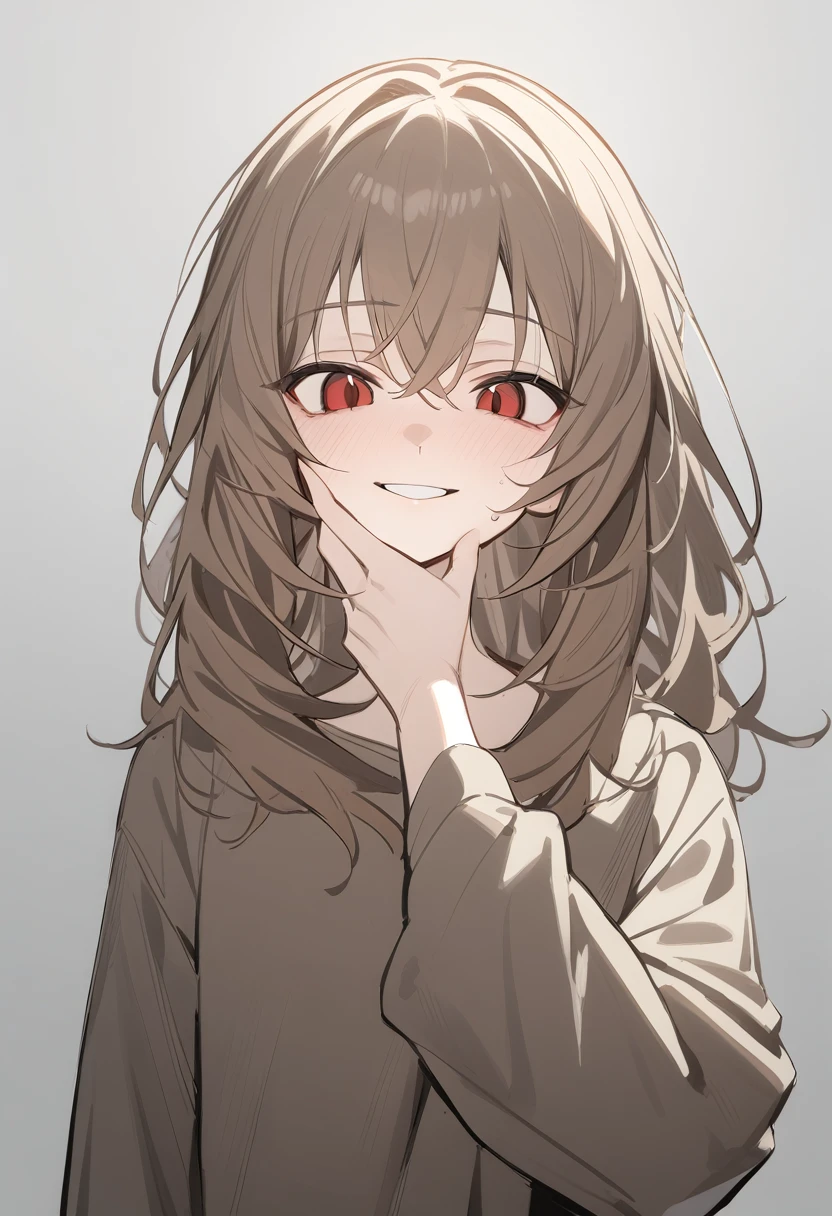 1 girl, alone, adolescent, brown fur, broad, messy hair, Red eyes, large eyes, big open smile, stoic, standing, (long shirt only), (Gray background, simple background), Upper part of the body, Masterpiece, Best Quality, dynamic angle, hand on his face, Flushed face
