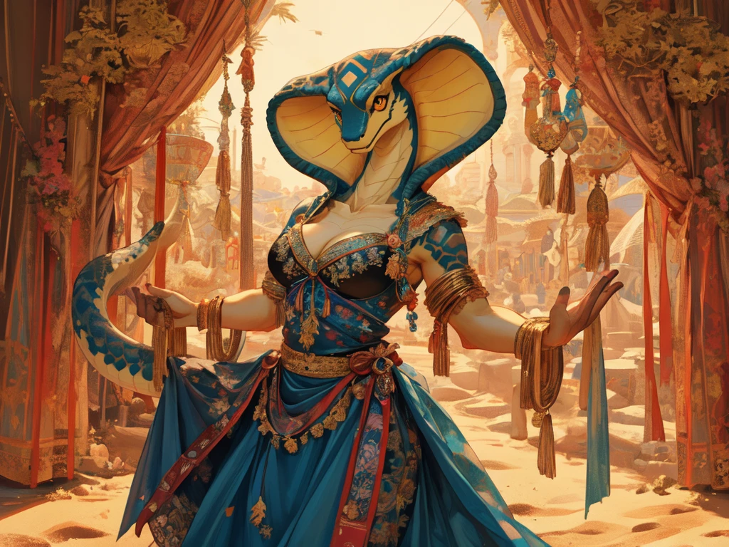 ((Best quality)), ((masterpiece)), (detailed), perfect face , fluffy , snake , cobra snake , Clothes for dancers , arab dancer , white-sand-yellow scales , , fangs , yellow repril eyes , Female, Beautiful woman, huge cleavage