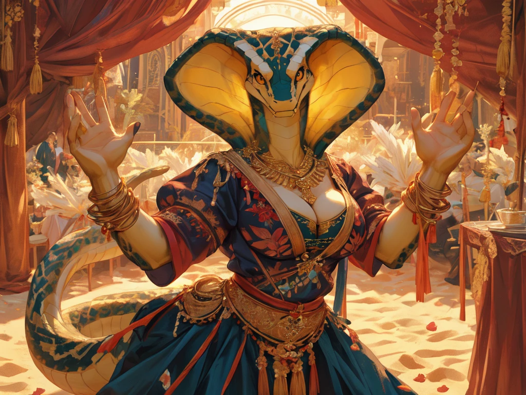 ((Best quality)), ((masterpiece)), (detailed), perfect face , fluffy , snake , cobra snake , Clothes for dancers , arab dancer , white-sand-yellow scales , , fangs , yellow repril eyes , Female, Beautiful woman, huge cleavage