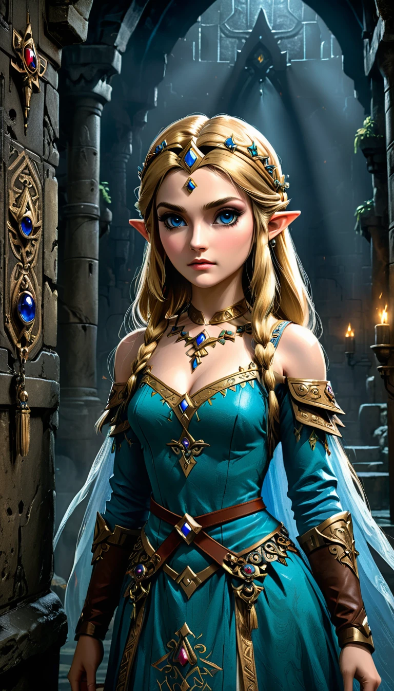 a beautiful detailed princess zelda from the legend of zelda video game series, wearing a detailed and fashionable dress, standing in a dark and ominous dungeon setting, inspired by the art styles of ian mckee, chen taimi, and jean-baptiste monge, (best quality,4k,8k,highres,masterpiece:1.2),ultra-detailed,(realistic,photorealistic,photo-realistic:1.37),extremely detailed eyes and face,longeyelashes,intricate costume design,dramatic lighting,fantasy,dark atmosphere