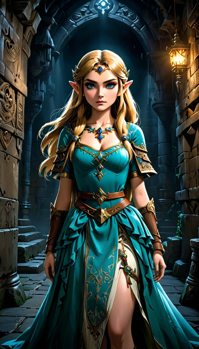 a beautiful detailed princess zelda from the legend of zelda video game series, wearing a detailed and fashionable dress, standing in a dark and ominous dungeon setting, inspired by the art styles of ian mckee, chen taimi, and jean-baptiste monge, (best quality,4k,8k,highres,masterpiece:1.2),ultra-detailed,(realistic,photorealistic,photo-realistic:1.37),extremely detailed eyes and face,longeyelashes,intricate costume design,dramatic lighting,fantasy,dark atmosphere
