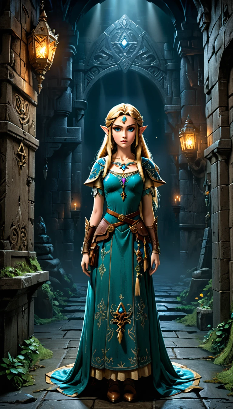 a beautiful detailed princess zelda from the legend of zelda video game series, wearing a detailed and fashionable dress, standing in a dark and ominous dungeon setting, inspired by the art styles of ian mckee, chen taimi, and jean-baptiste monge, (best quality,4k,8k,highres,masterpiece:1.2),ultra-detailed,(realistic,photorealistic,photo-realistic:1.37),extremely detailed eyes and face,longeyelashes,intricate costume design,dramatic lighting,fantasy,dark atmosphere