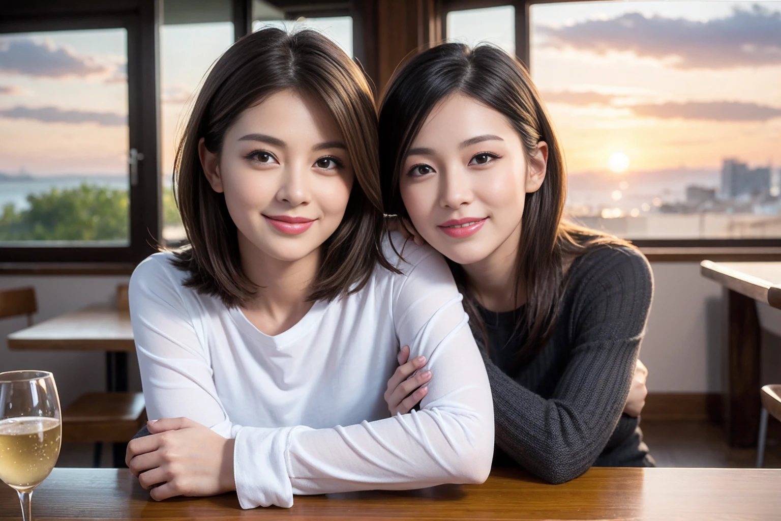 ((Highest quality、8K、masterpiece:1.3))、cute、Slim Couple、Beautiful Model、Famous beauty actress, (Brown Hair), actor、Model Couple、The best smile、Happy Smile、45 years old 42 years old、Shortcuts、breast enhancement、Upper Body、(Realistic, Intricate details:1.2), full-course dinner、Wine Party、Wine bottle、Champagne、sparkling wine、Amazing view of the sunset sky and clouds、Sweet eye angle, Ultra HD 8K, Ultra-realistic, photograph, Cinematic, Detailed Visuals, 3D Rendering, Soft texture, Realistic, (Front view), ((View your viewers)), Perfect corner angle, Thin lips, Natural Beauty, (Soft and super white skin), Perfect Skin, (masterpiece), (Beautiful attention to detail), (Makes your face smaller), Brown Hair、Shortcuts、Long sleeve shirt、dress、Draw both arms accurately