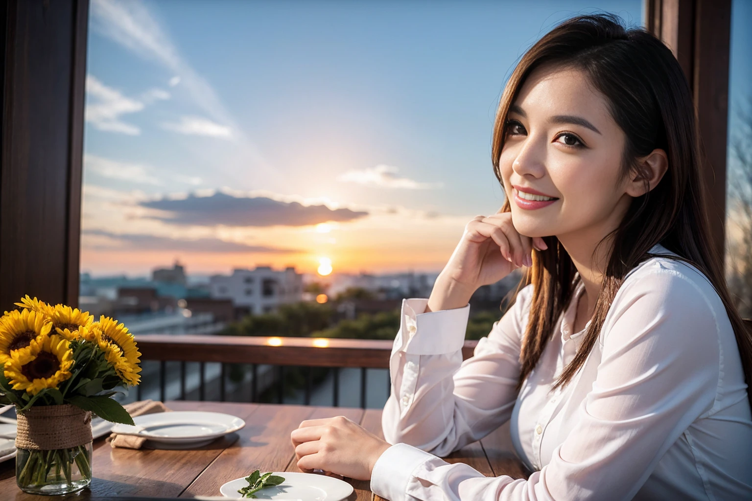 ((Highest quality、8K、masterpiece:1.3))、cute、Slim Couple、Beautiful Model、Famous beauty actress, (Brown Hair), actor、Model Couple、The best smile、Happy Smile、45 years old 42 years old、Shortcuts、breast enhancement、Upper Body、(Realistic, Intricate details:1.2), full-course dinner、Wine Party、Wine bottle、Champagne、sparkling wine、Amazing view of the sunset sky and clouds、Sweet eye angle, Ultra HD 8K, Ultra-realistic, photograph, Cinematic, Detailed Visuals, 3D Rendering, Soft texture, Realistic, (Front view), ((View your viewers)), Perfect corner angle, Thin lips, Natural Beauty, (Soft and super white skin), Perfect Skin, (masterpiece), (Beautiful attention to detail), (Makes your face smaller), Brown Hair、Shortcuts、Long sleeve shirt、dress、Draw both arms accurately