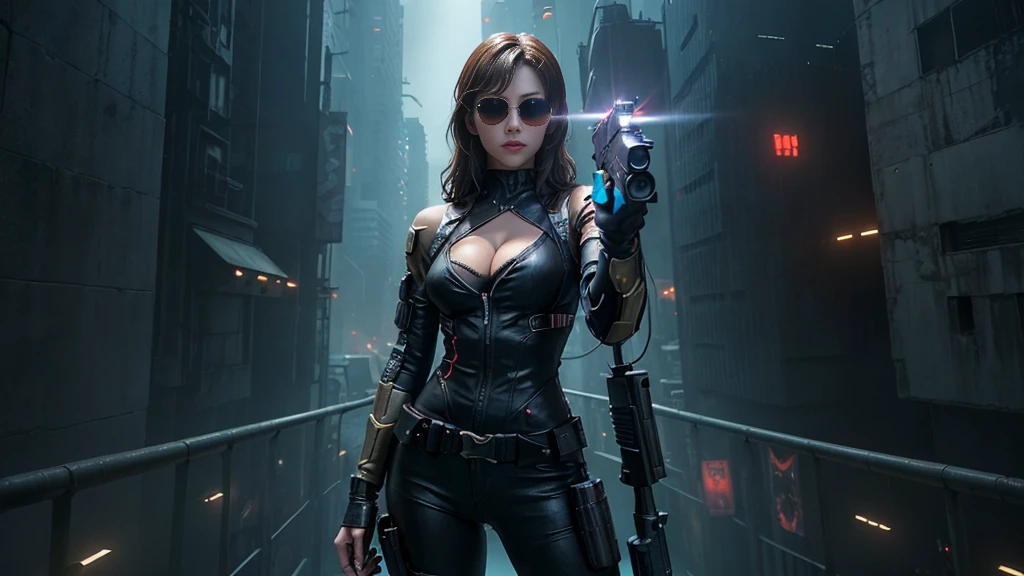 At night, dark sky, aerial view of fantasy cyberpunk style Moai-statue city, ((flying vehicle)). ((1girl, solo, alone)), photo realistic, medium-breast:1.1 slim body, cleavage, sexy clothes, (black sunglasses), (((hip-up standing and pistol aiming pose))), half-body thigh level medium shot, cinematic lighting.