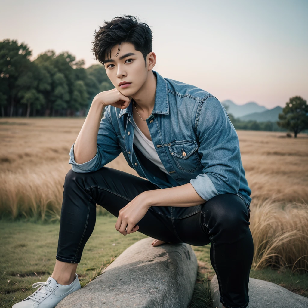 arafed asian man sitting on a rock in a field, casual photography, high quality portrait, casual pose, male ulzzang, mid shot portrait, modeling photography, sitting on a rock, photoshoot, cinematic outfit photo, portrait shot, character photography, beautiful androgynous prince, south korean male, realistic photography, sitting on the ground
