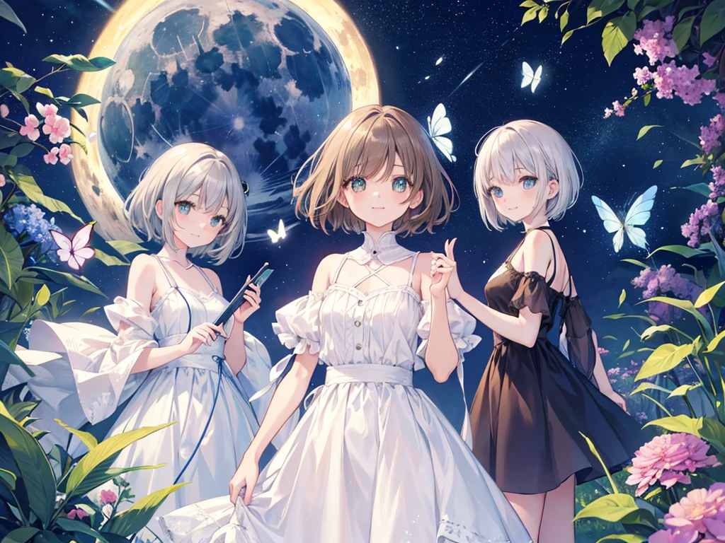 kawaii, anime, Cute, hyper quality, highly detailed, 16k, Front facing, Clarity, full body, smile, one girl and two sisters, The twins have short silver hair, lapis lazuli eyes, The other has dark brown straight hair., green eyes, ruined world, Fantastic, moonlight, middle School girls, Three girls, two of them sisters, upper body, pale pastel colors, Both sisters have short silver hair., light dances, Shining butterflies dance, three girls, Both sisters have lapis lazuli eyes., There are three characters, One person has long dark brown hair., highlight, hill where flowers bloom, nature background, one brown bird, brown haired girl has long hair, night, stars fall,