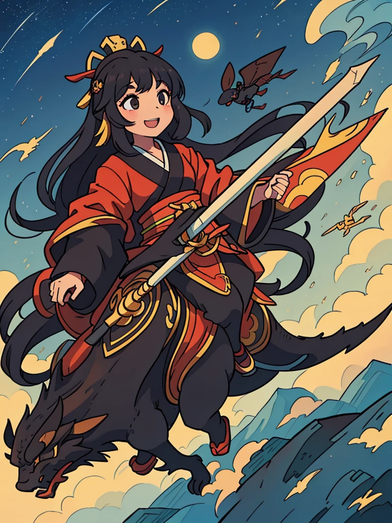 A long-haired black girl in a kimono rides a Chinese dragon and flies joyfully across the sky.