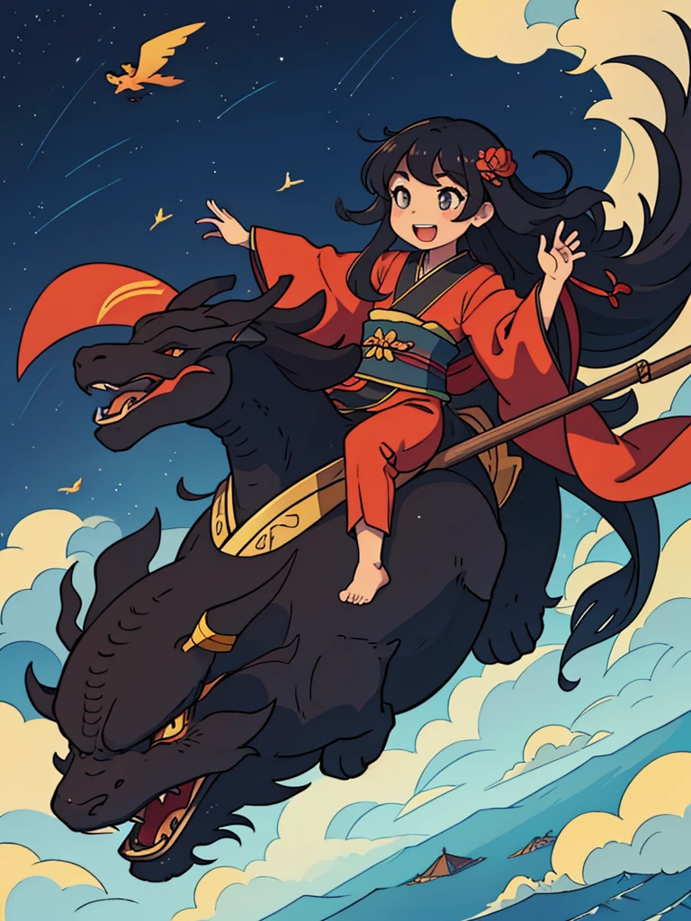 A long-haired black girl in a kimono rides a Chinese dragon and flies joyfully across the sky.