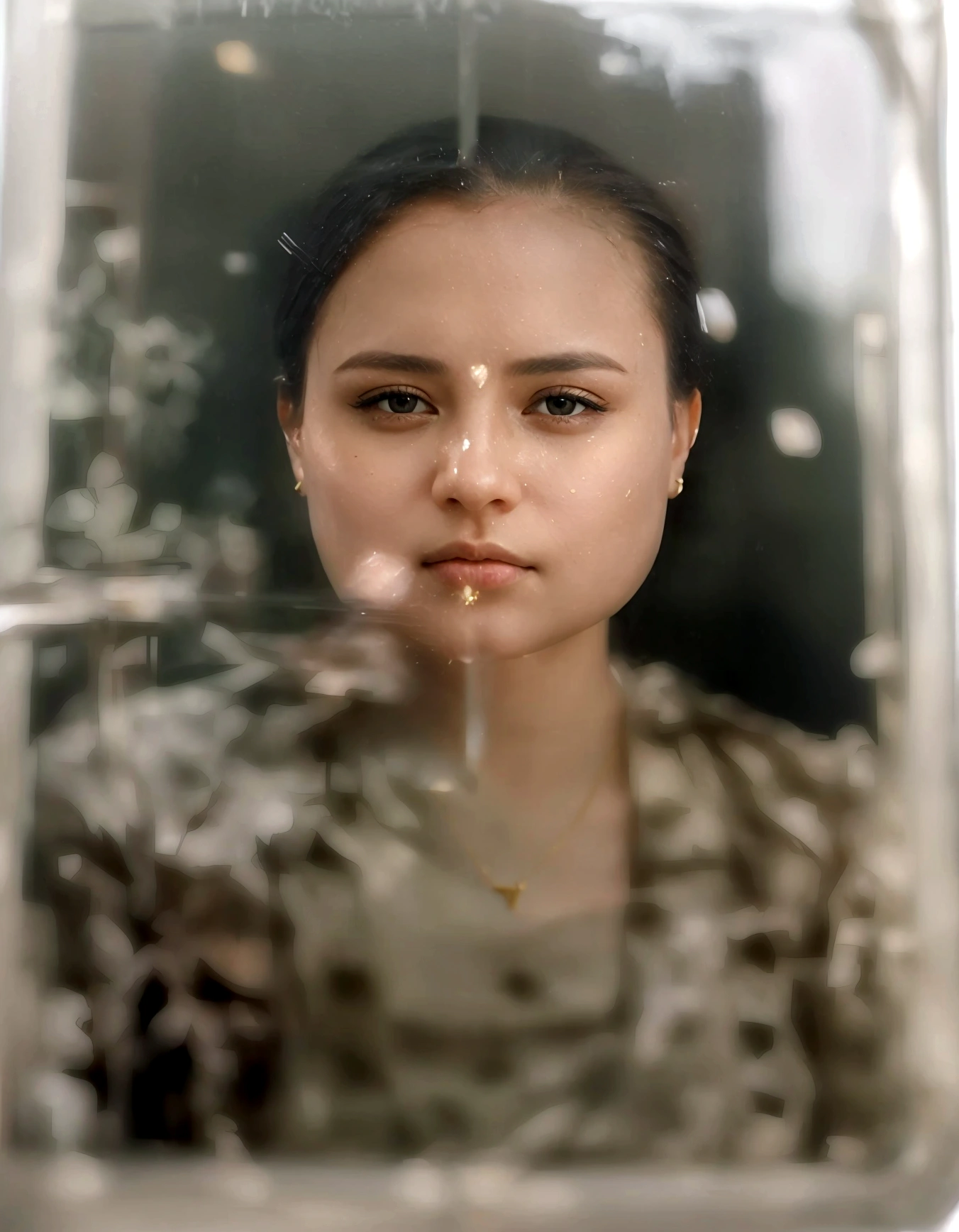 there is a woman that is looking at the camera through a glass, raining portrait, gold pendant