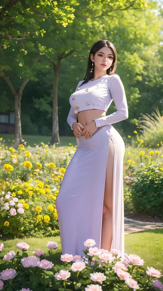 (best quality,4k,highres,masterpiece:1.5),ultra-detailed,(realistic,photorealistic,photo-realistic:1.37), beautiful girl 24 years old, beautiful detailed eyes,beautiful detailed lips,extremely detailed eyes and face,longeyelashes,1girl,illustration,soft lighting,vibrant colors,bokeh,romantic,dreamlike,ethereal vibe,Full Body Professional Photo, (Photo 4K:1.1) (Sharp Focus:1.1), High Detail, Woman in(beautiful chrysanthemum garden:1.2), Pretty Buttocks, long Hair, Instagram Pattern Pose, confident, slim girl, big tits:1.2, perfect anatomy, perfect symmetry:1.2, Realistic, realistic face:1.3, perfect face, content, confident, very detailed, and dramatic, cinematic lighting, Lighting scene, soft lights graceful movement, full body photography, (((masterpiece :1.5))), photoreal acmm ss outfit, wearing acmm top, light purple acmm top, short sleeves, buttons, wearing acmm long skirt, white and pink with printed acmm long skirt, acmm ls outfit, wearing acmm top, white acmm top, long sleeves, wearing acmm long skirt, green acmm long skirt, printed skirt, acmm thanaka apply on face, acmm thanaka makeup,((( big hips, breast)))