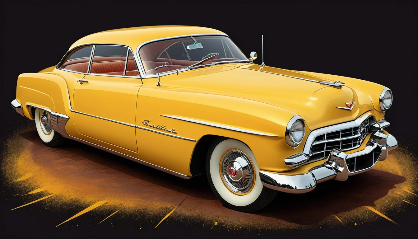 Artwork for t-shirt graphic design, modern graphic design, Cadillac Ghia 1953, yellow, bold yellow color, scratches on rust background in vintage pastel colors, highly detailed clean, vector image, realistic masterpiece, professional photography, realistic car, car sunrise background, flat black background, isometric, bright vector