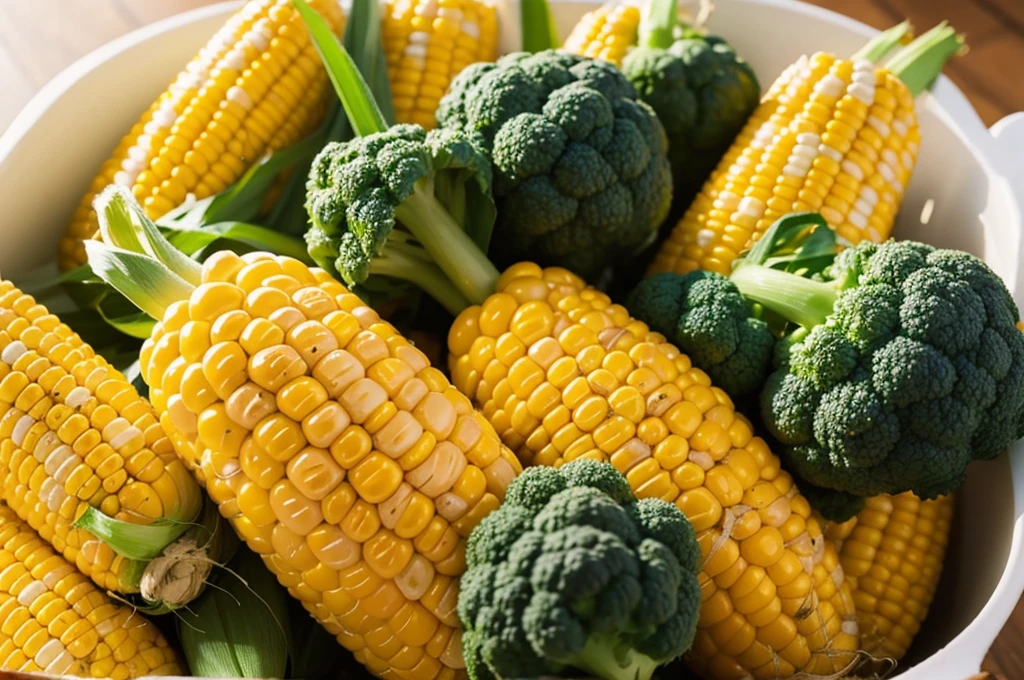 Freshly picked corn and vegetables close up