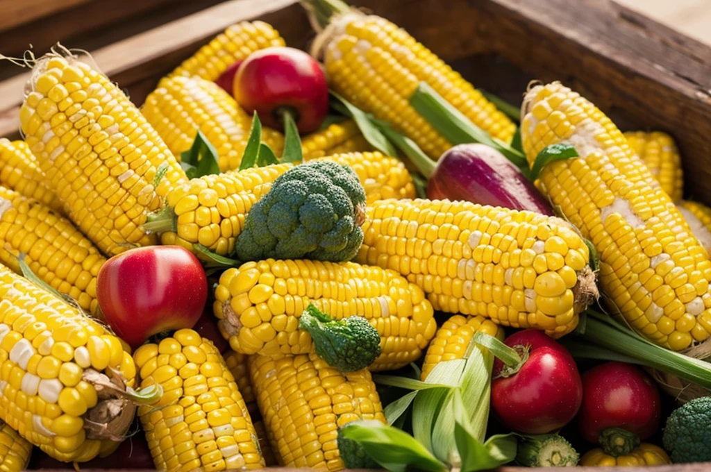 Freshly picked corn and vegetables close up