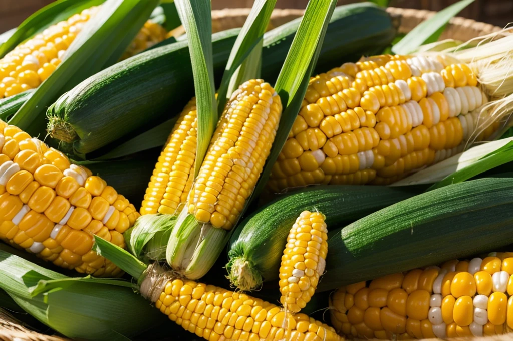 Freshly picked corn and vegetables close up