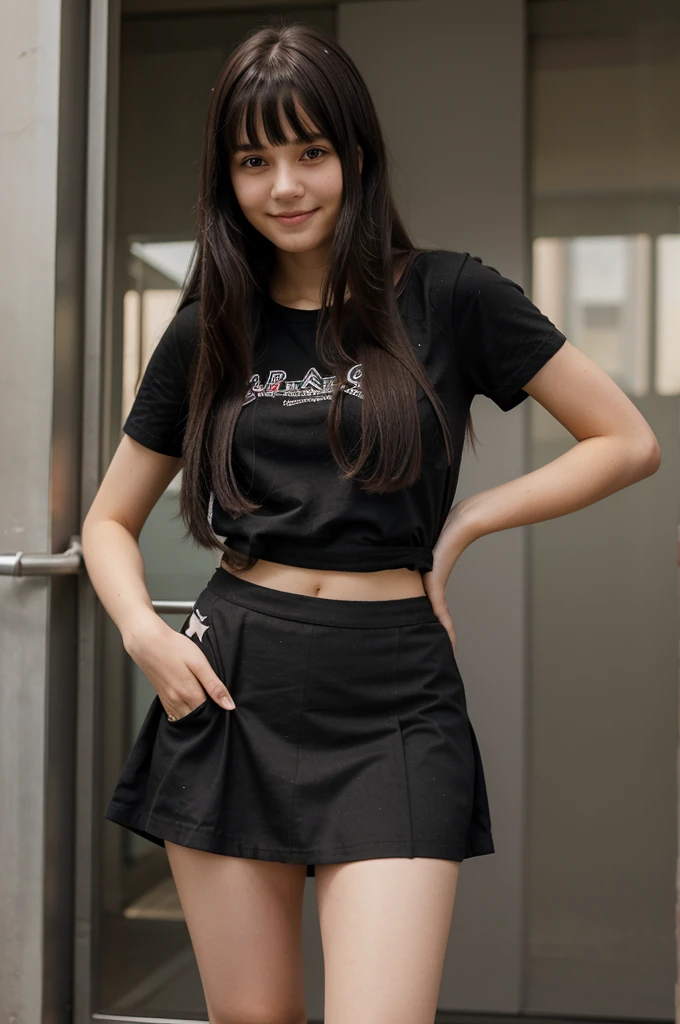 girl, , smile, long hair with bangs, straight hair, black hair, short skirt, black shirt, stand up