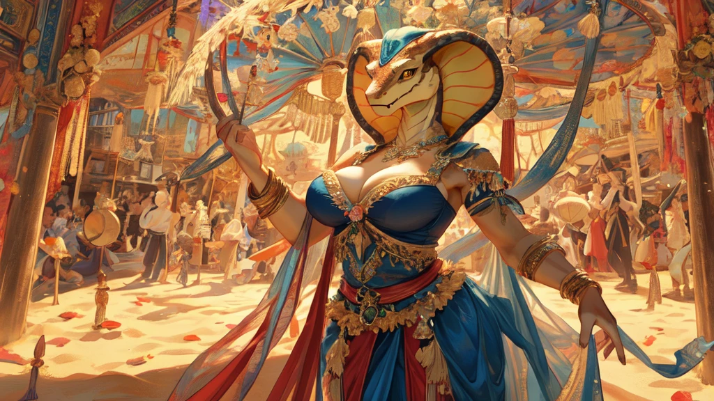 ((Best quality)), ((masterpiece)), (detailed), perfect face , fluffy , snake , cobra snake , Clothes for dancers , arab dancer , white-sand-yellow scales , , fangs , yellow repril eyes , Female, Beautiful woman, huge cleavage