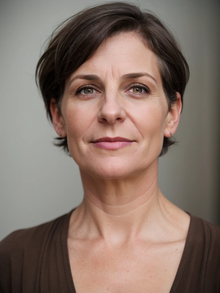 1girl, photorealistic, realistic, her name is Elise, middle age, a 45-year-old woman with gray hair, body of 45-year-old woman, wrinkles on her face and body, Alpine woman, ((dark brown hair, short hair, )),
