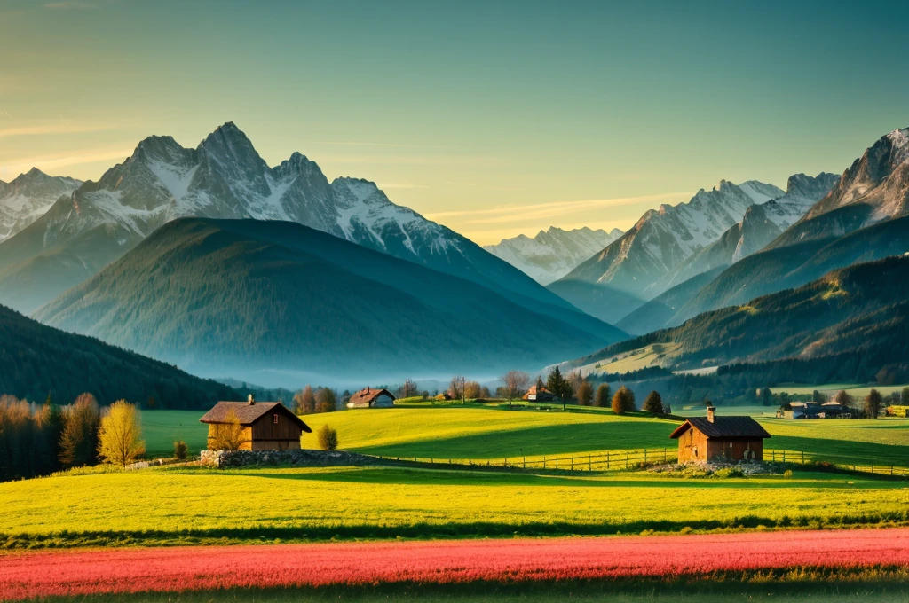 a green field with mountains in the background, a stock photo, by Franz Hegi, alpine landscape with a cottage, at sunrise in springtime, long cinematic shot, beautiful summer landscape