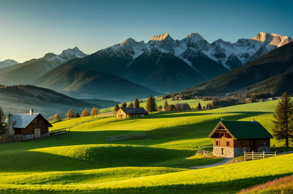 a green field with mountains in the background, a stock photo, by Franz Hegi, alpine landscape with a cottage, at sunrise in springtime, long cinematic shot, beautiful summer landscape