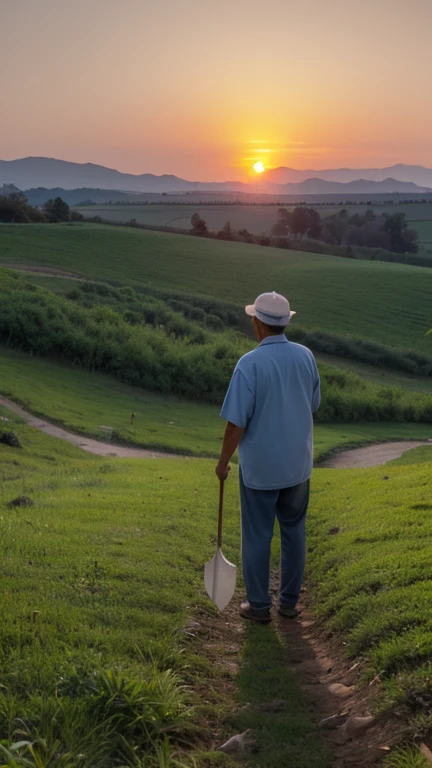 Rural old man planting trees back view ultra clear man learning to plant trees back view,Sunset background